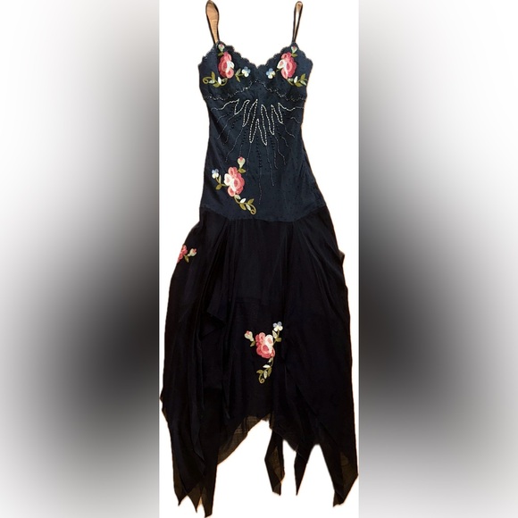 90’s Vintage Sue Wong Black Silk Floral Embroidered Beaded Handkerchief Dress - Picture 1 of 8